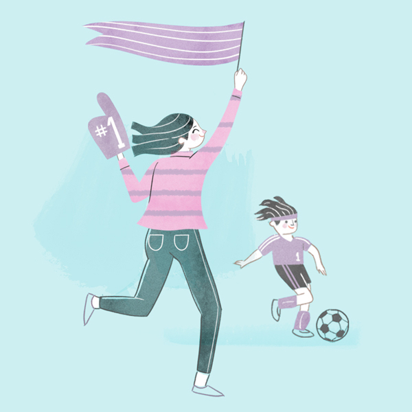 An illustration of a mom with a banner and a foam #1 finger running after her soccer-playing child.