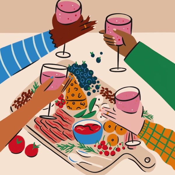 An illustration of hands joining together above a table of food to toast wine glasses.
