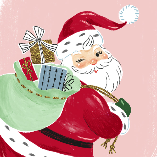 An illustration of a vintage-style Santa carrying a bag of presents over his shoulder.