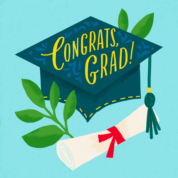 Congrats Grad! written on a graduation cap with a diploma