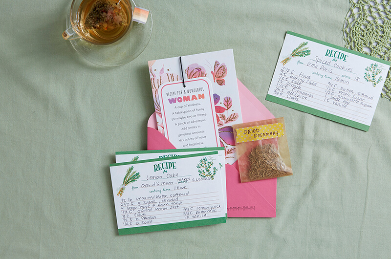 Greeting card with recipe and seeds tuck in gifts
