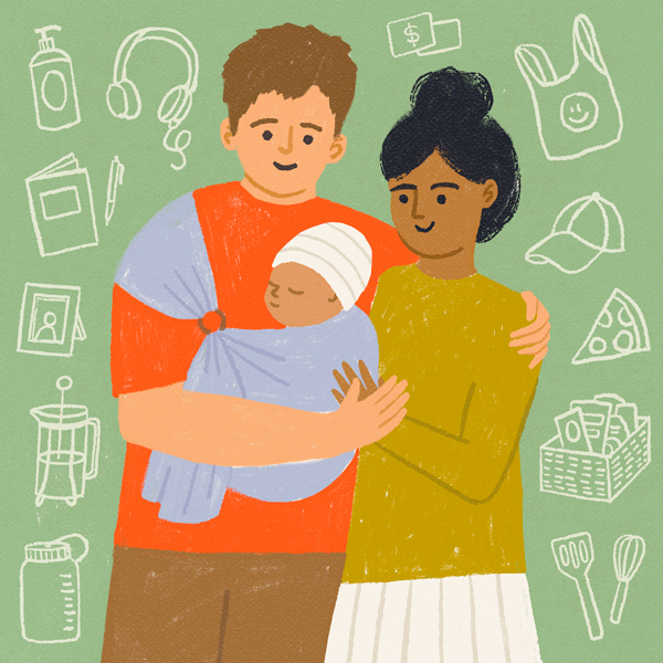 An illustration of a man and woman holding a new baby, which is cuddled in a sling across the man's chest; the little family is surrounded by illustrations of different gift ideas you might give to new parents, like food, a cute hat for bad hair days, headphones and more.