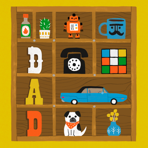 An illustration of a shadowbox filled with gifts for dads, like a toy car, a mug, a vintage phone and a Rubik's cube.