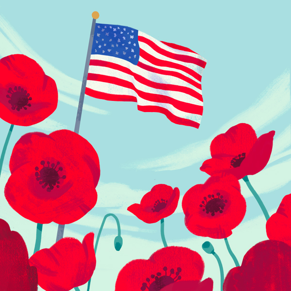 USA flag with red poppies