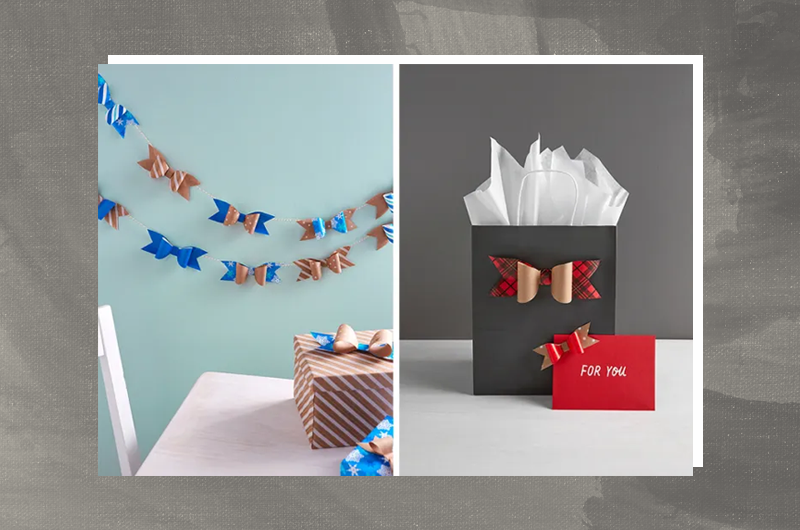 DIY wrapping paper bow garland and gift bag bow.