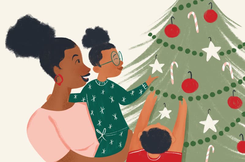 Illustration of a woman helping children decorate a tree