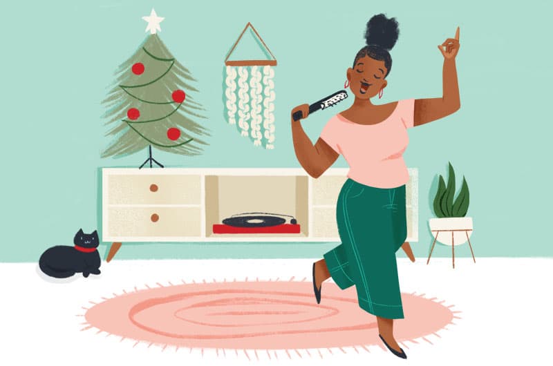 Illustration of a woman singing into her hairbrush as she dances in her apartment