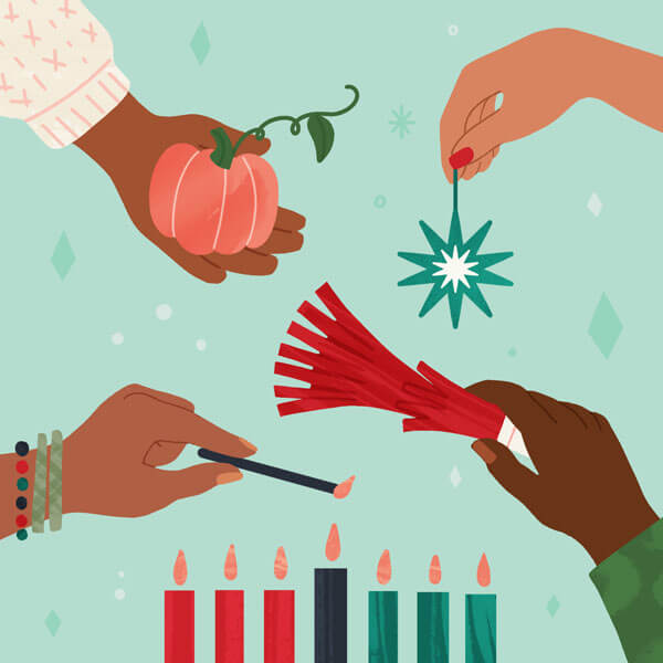 Illustration of hands reaching into frame with candles, noisemakers, ornaments over a kinara.