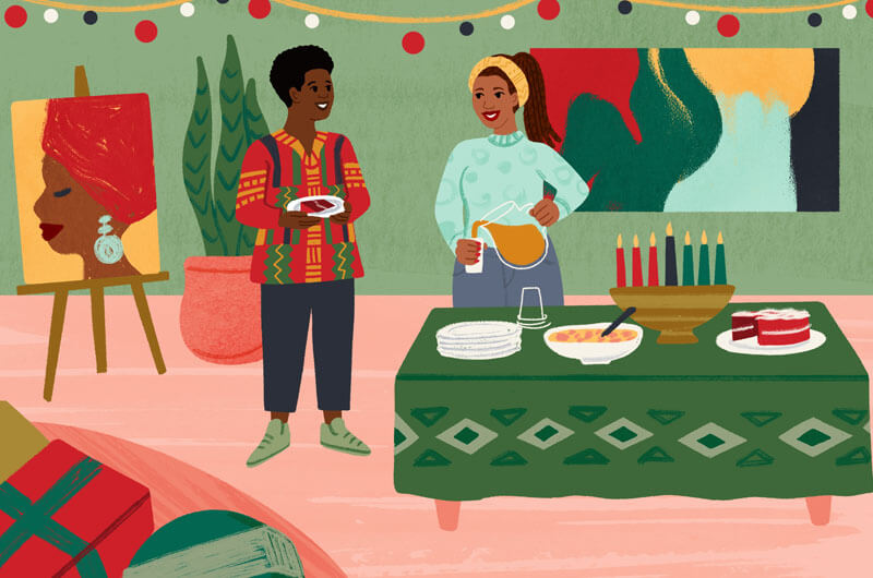 Illustration of a man and woman talking at a Kwanzaa celebration