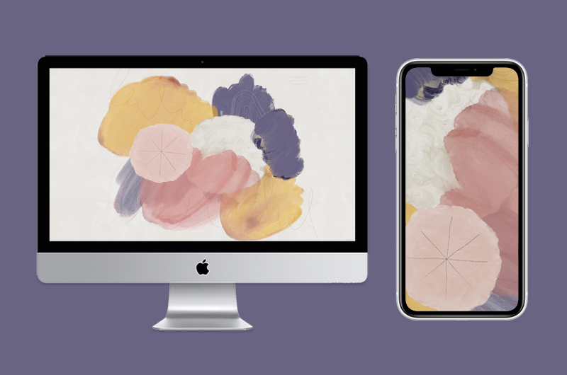 A desktop monitor and smartphone screen depicting an abstract art background.