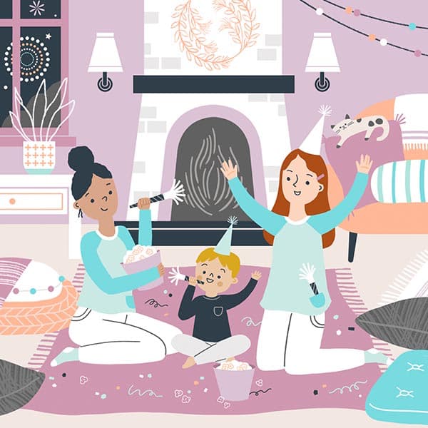 An illustration of a family celebrating New Year's Eve with party hats and popcorn in front of a living room fire.