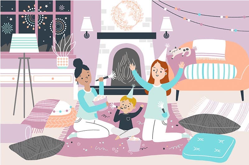 An illustration of a family celebrating New Year's Eve with party hats and popcorn in front of a living room fire.