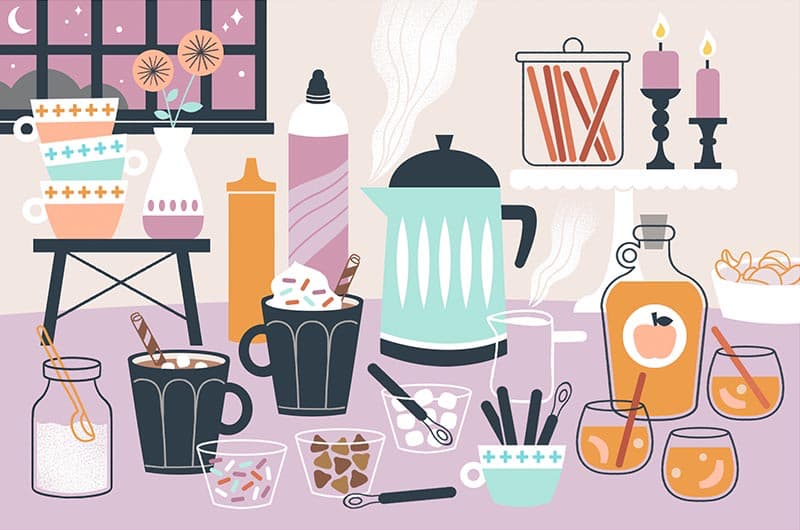 An illustration of a New Year's Eve hot cocoa and hot apple cider bar.