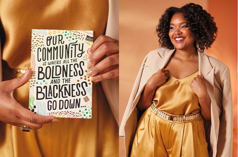 Hallmark Senior Writer Courtney Taylor next to an Uplifted and Empowered card that she wrote.