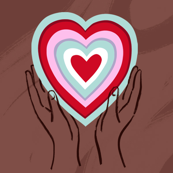 A line drawing of hands holding up a multicolored heart.