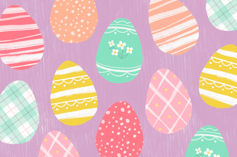 An illustration of Easter eggs featuring multicolored spring designs like flowers, plaid, stripes and polka dots.
