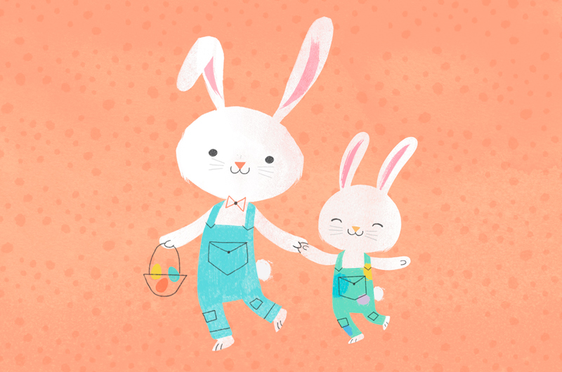 An illustration of a big bunny and a little bunny in overalls, holding hands and walking happily.