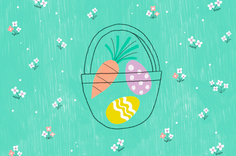A line drawing of an Easter Basket with eggs and a carrot in it, on a teal colored background dotted with little white flowers.