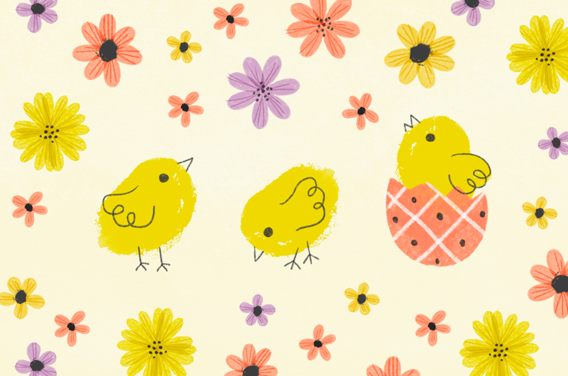 An illustration of three baby chicks on a multicolored flower background.