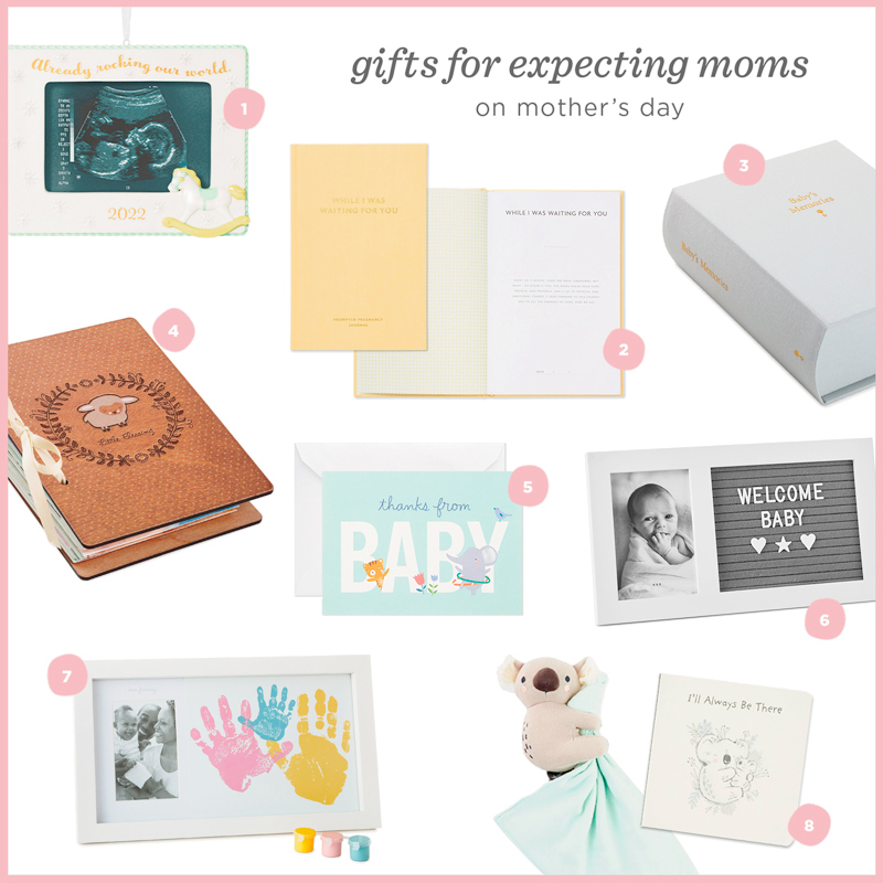 A variety of gifts for expecting moms, including a sonogram picture frame, a bible, a first year journal, a photo album, a koala lovey with coordinating book, and a card from baby.
