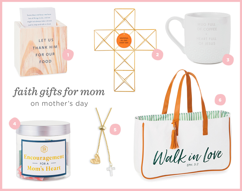 A variety of faith-based gifts for mom, including a tote that reads 