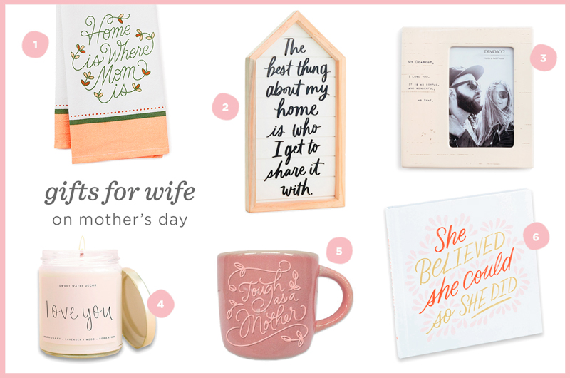 A variety of gifts for a wife on Mother's Day, including a mug that reads, 