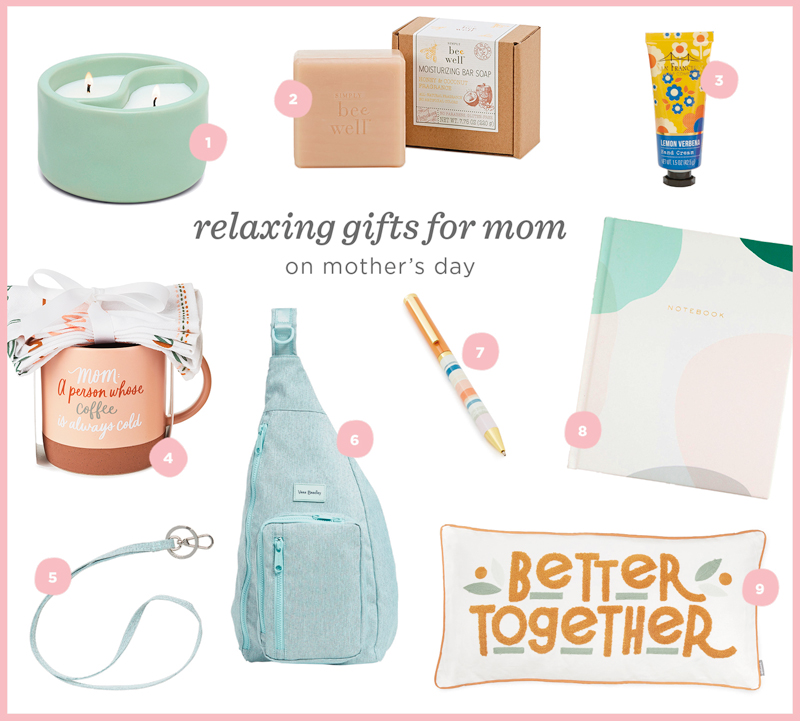 A variety of relaxing gifts for Mom on Mother's Day, including a journal and pen, hand lotion, a mug and tea towel, and a sling pack with matching lanyard.