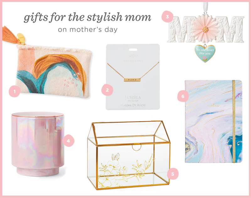 A variety of gifts for the stylish mom on Mother's Day, including a Morgan Harper Nichols zip pouch, a marbled cover journal, a glass display case, and an iridescent candle.