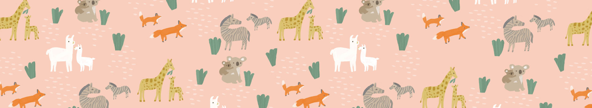 A repeated pattern of illustrated animals with their young, including zebras, giraffes, koalas, and llamas.