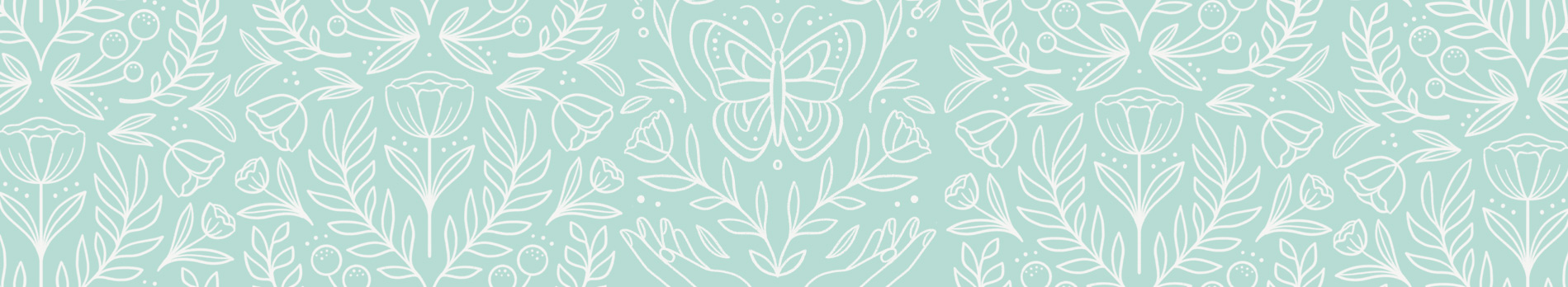 A repeated pattern line drawing of butterflies and flowers on an aqua background.