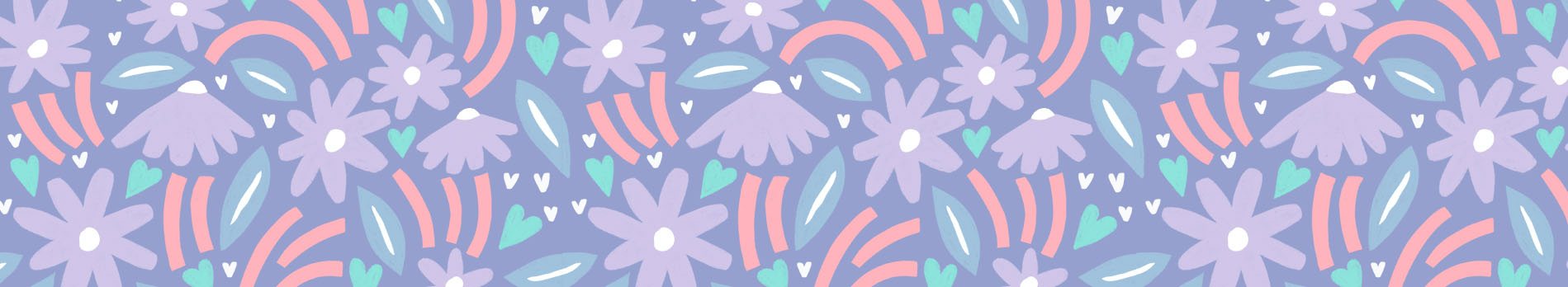 An illustrated pattern of lavender colored flowers and turquoise hearts.