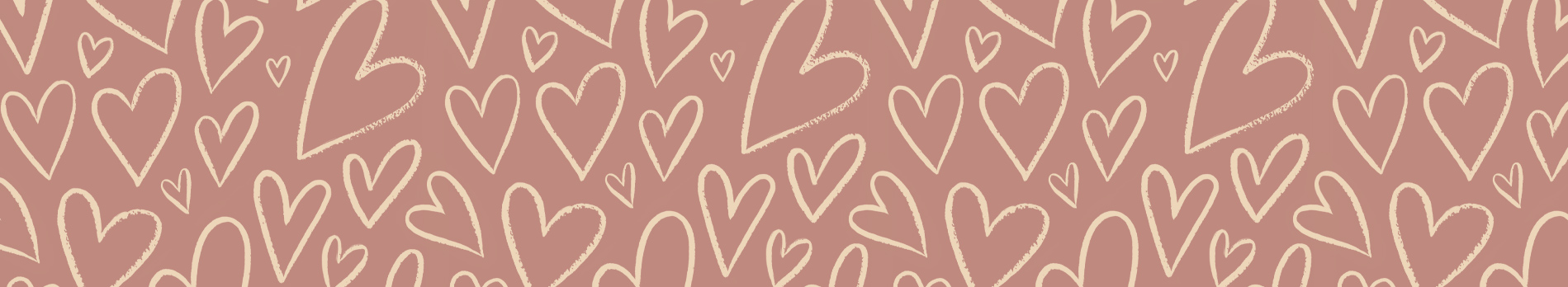 A repeating pattern of heart line drawings on a mauve background.