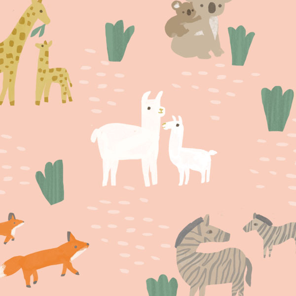 A variety of illustrated animals with their young, including zebras, giraffes, koalas, and llamas.
