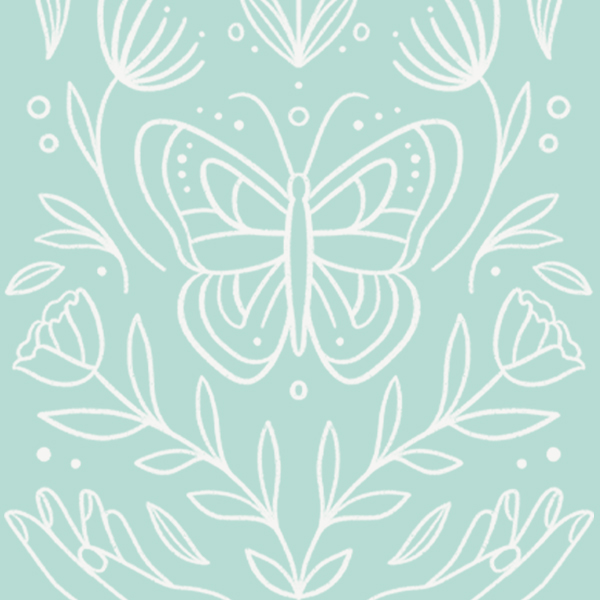 A white line drawing of butterfly and flowers on an aqua background.