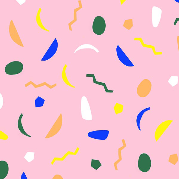 Various shapes and colors of confetti on a pink background.