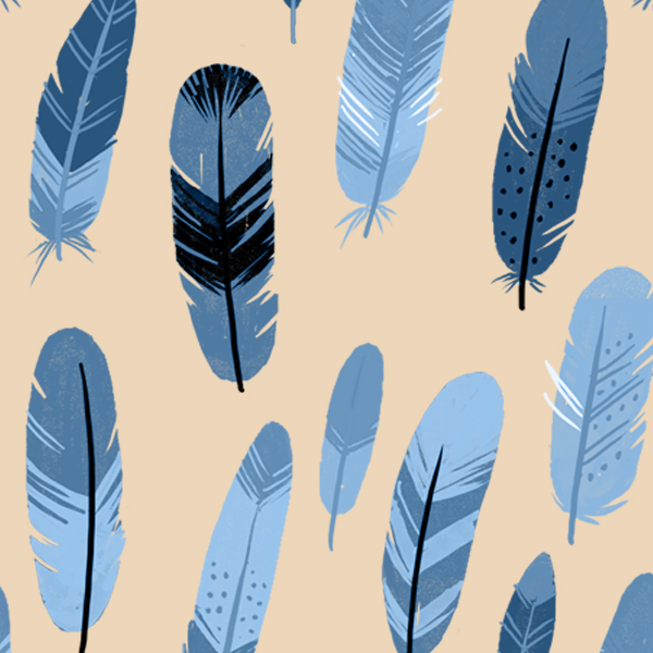 Illustrated feathers in various shades of blue on a beige background.