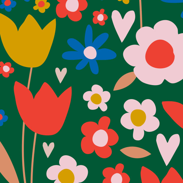 An illustration of flowers in different colors on a deep green background.