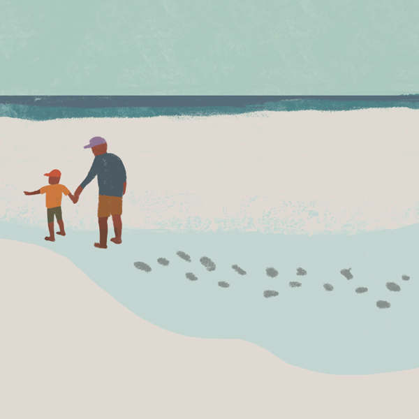 An illustration of a father and his young son holding hands as they walk along the beach, their footprints in the sand.