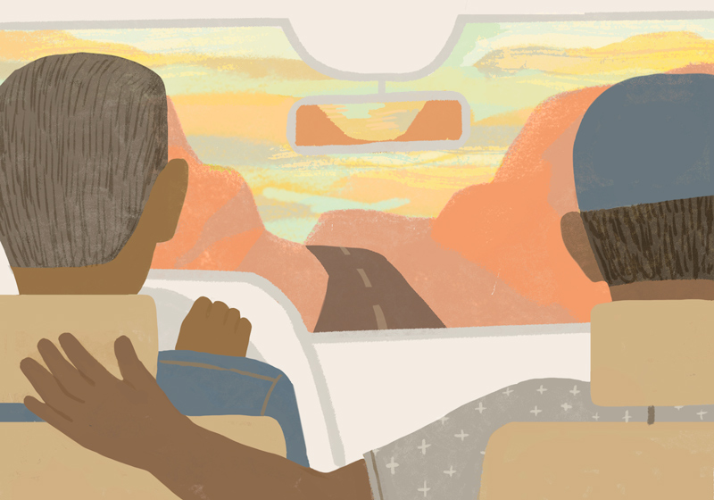 An illustration from the perspective of the back seat of a car, with a father and son sitting in the front seats, driving down the road toward a sunset sky.