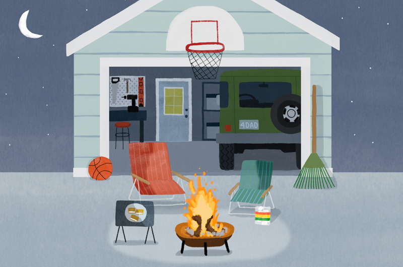 An illustration of a family garage with an outdoor picnic set up in front, complete with s'mores and a fire pit.