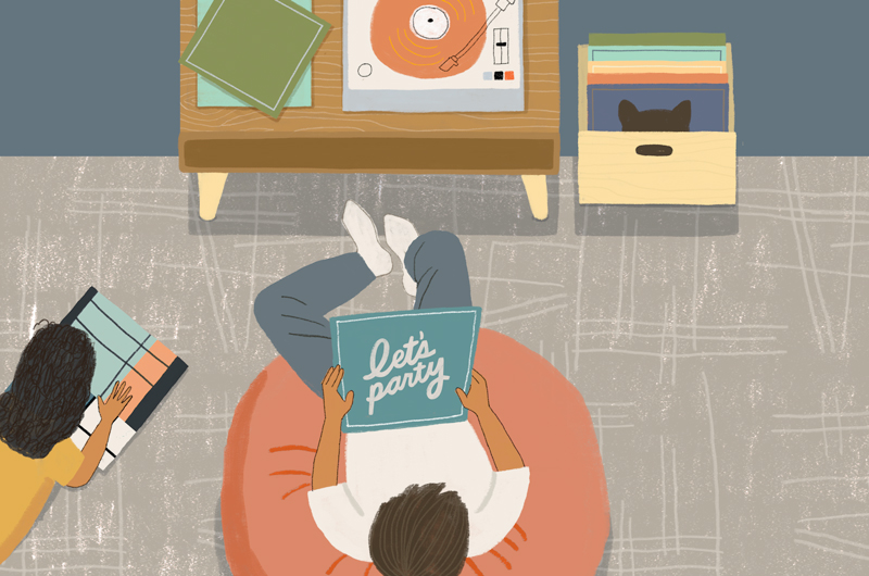 Ann illustration of a man sitting in a bean bag chair in front of a record player, his child stretched out on the carpet alongside.