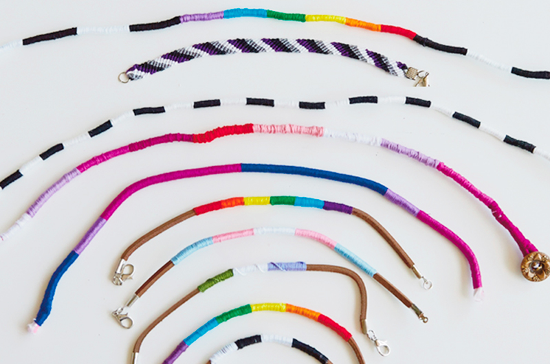 DIY Pride Month bracelets in a variety of colors.