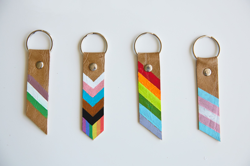 DIY Pride Month keychains in a variety of colored stripes symbolizing different parts of the LGBTQ community.