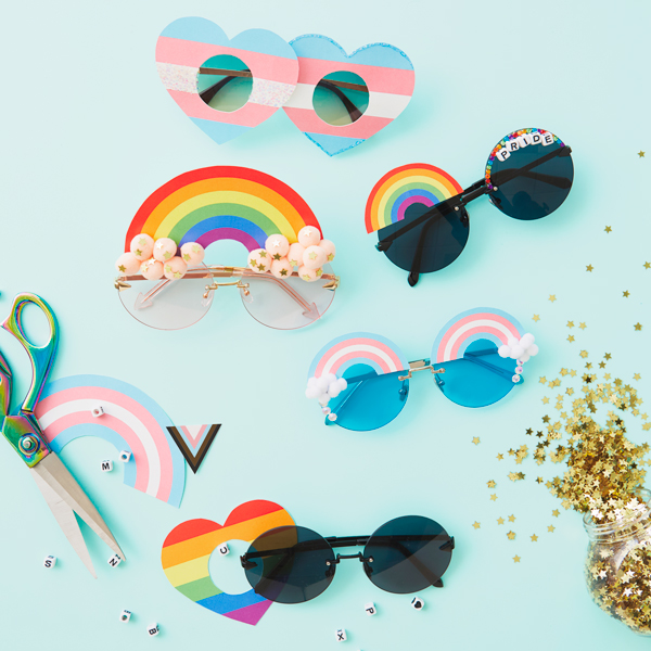 Five pairs of DIY Pride Month sunglasses in different styles