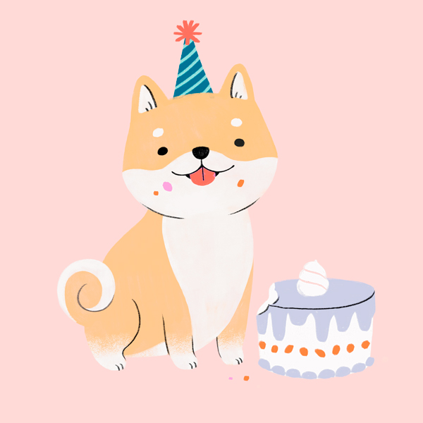 An illustration of a corgi dog with a party hat on, sitting next to a little cake.