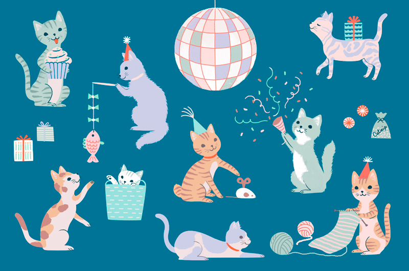 An illustration of cats of various colors enjoying different pet party activities like chasing yarn, playing with a fishing pole, and swatting at a toy mouse.
