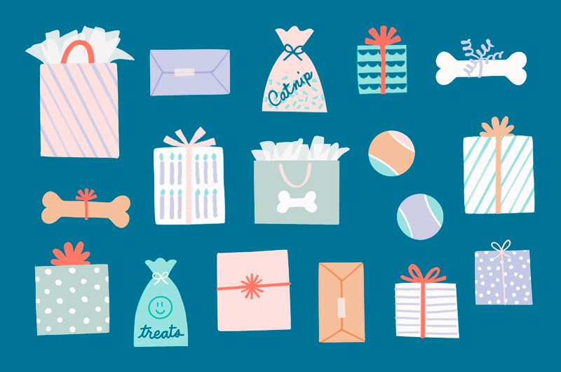 An illustration of gifts, treat bags, gift bags, catnip sachets, tennis balls and dog bones with bows on them.