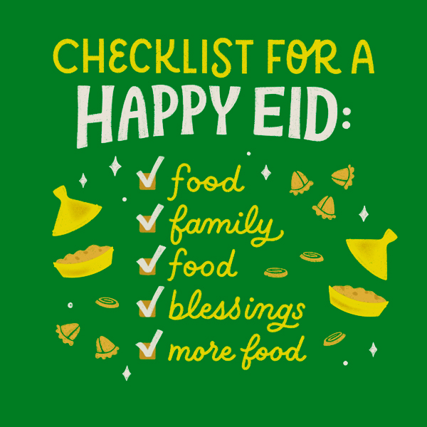 An illustrated checklist for a happy Eid that includes items like food, family, blessings and more food.
