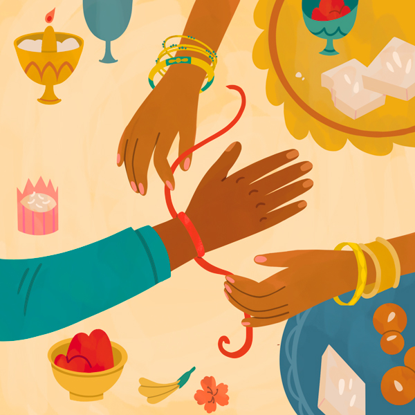 An illustration of a sister's hands tying a rakhi on her brother's wrist in celebration of Raksha Bandhan.