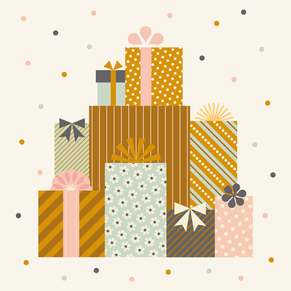 An illustration of a stack of wedding gifts wrapped in various patterns, like stripes, polka dots and florals.